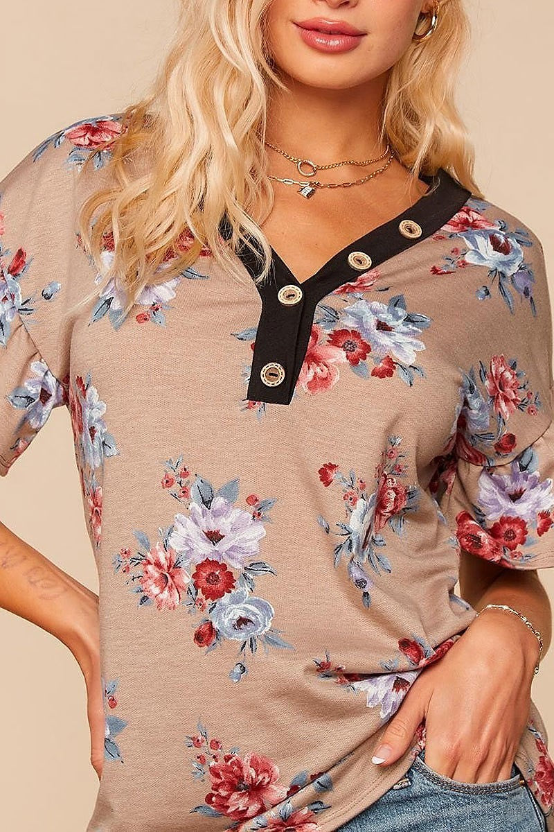 Floral v neck button ruffle bell sleeve blouse (EDBM5099)