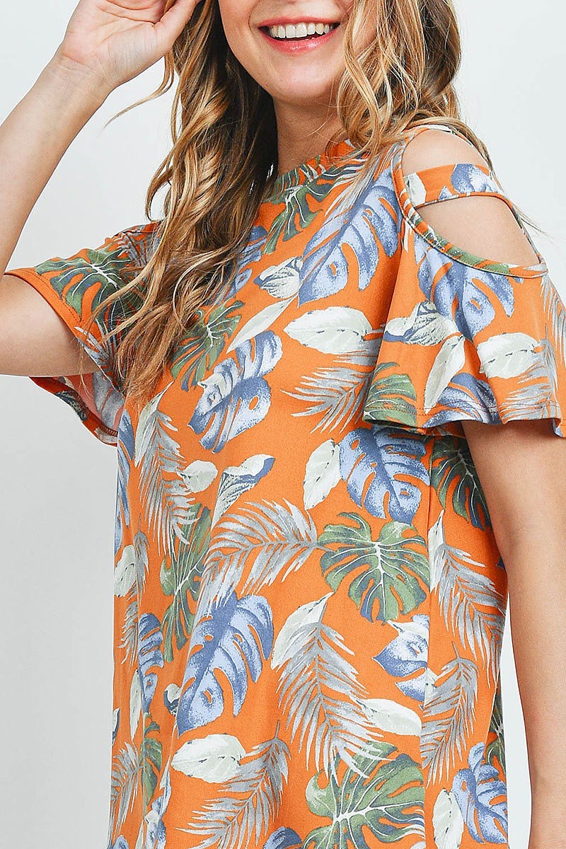 Tropical print cutout sleeve top (ED9260)