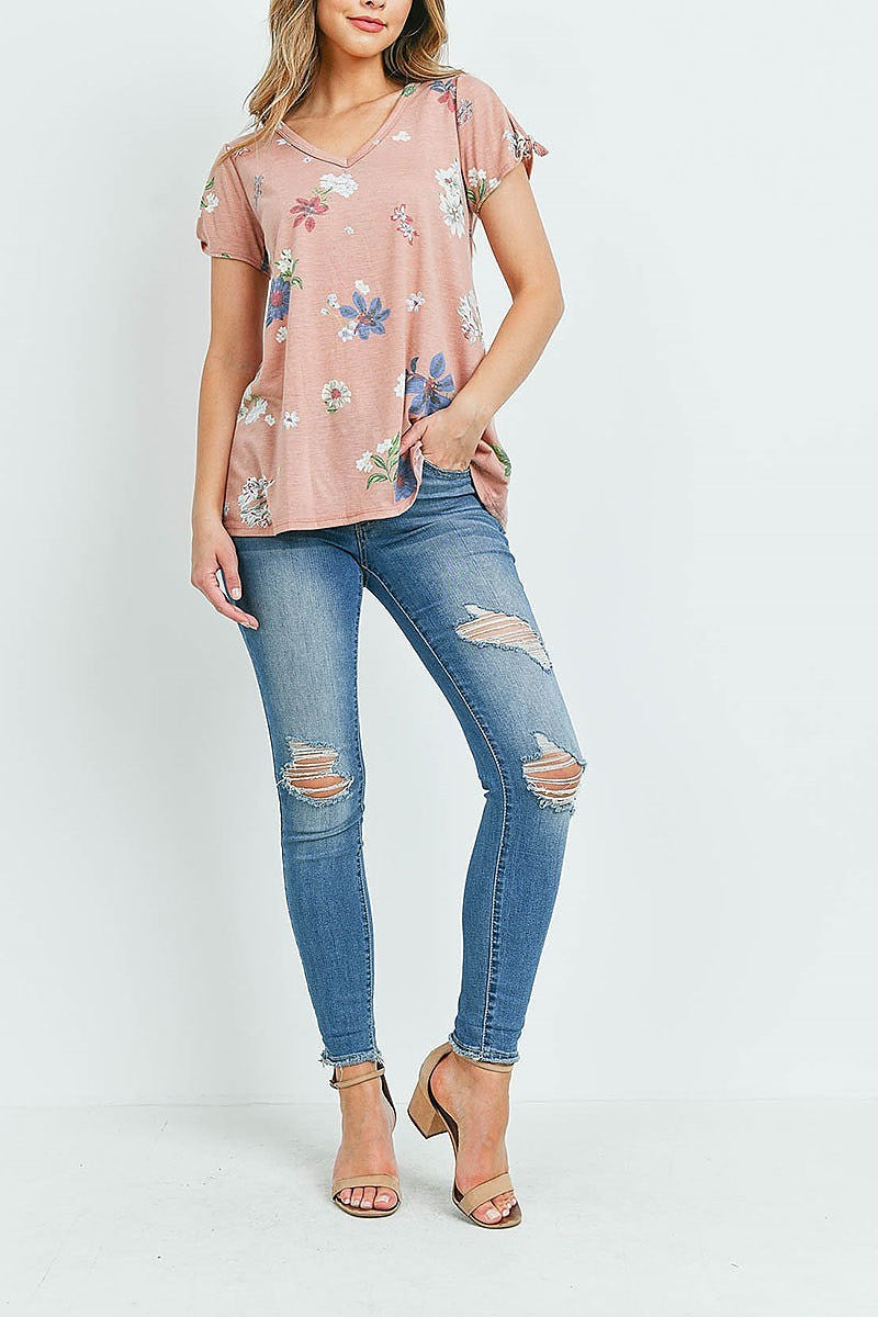 V neck floral print tie sleeve top (ED9346-1)