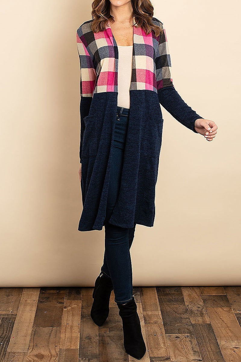 Checker color block pocket detail cardigan sweater (DGS4953-3)