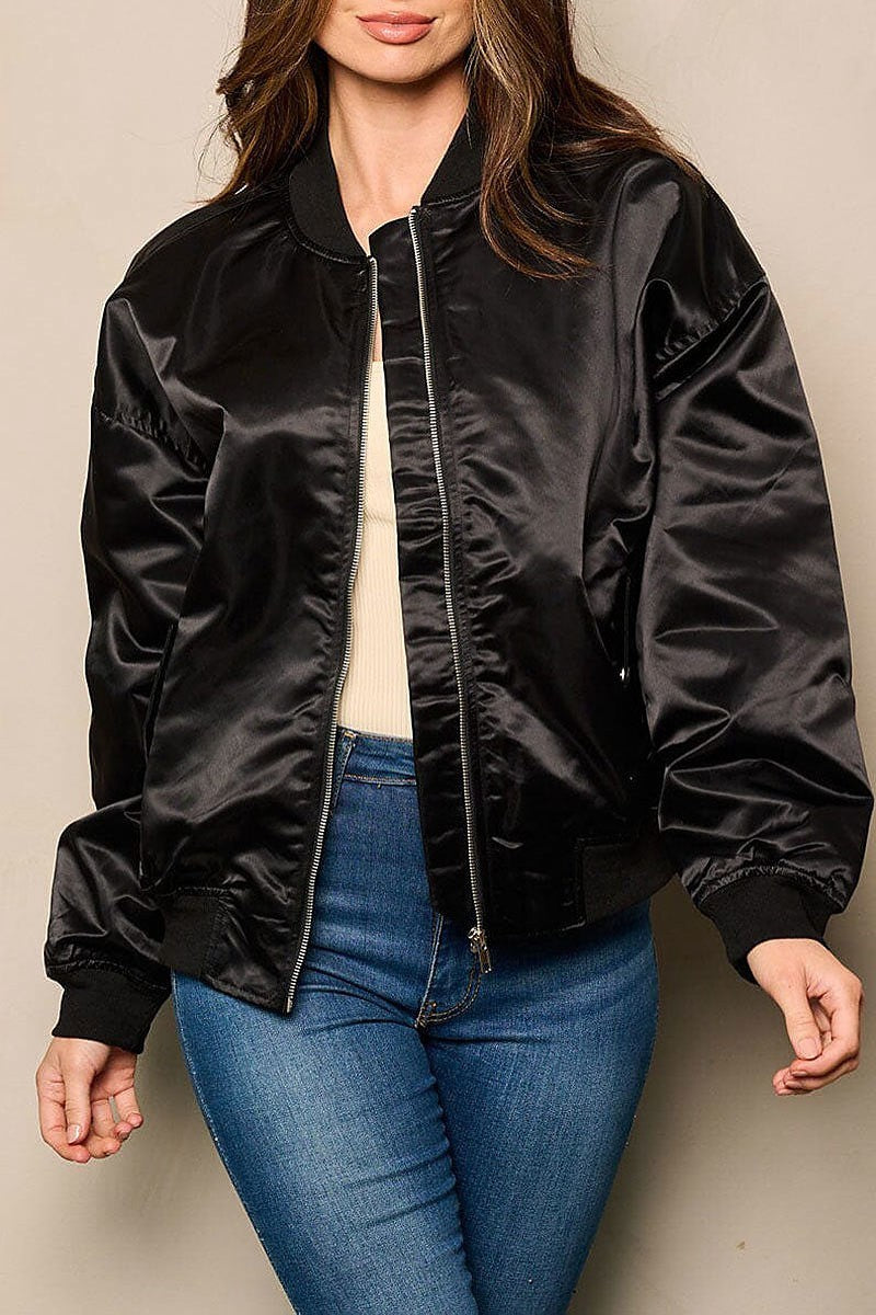 Long sleeve zip up pockets satin bomber jacket (EFWT4941)