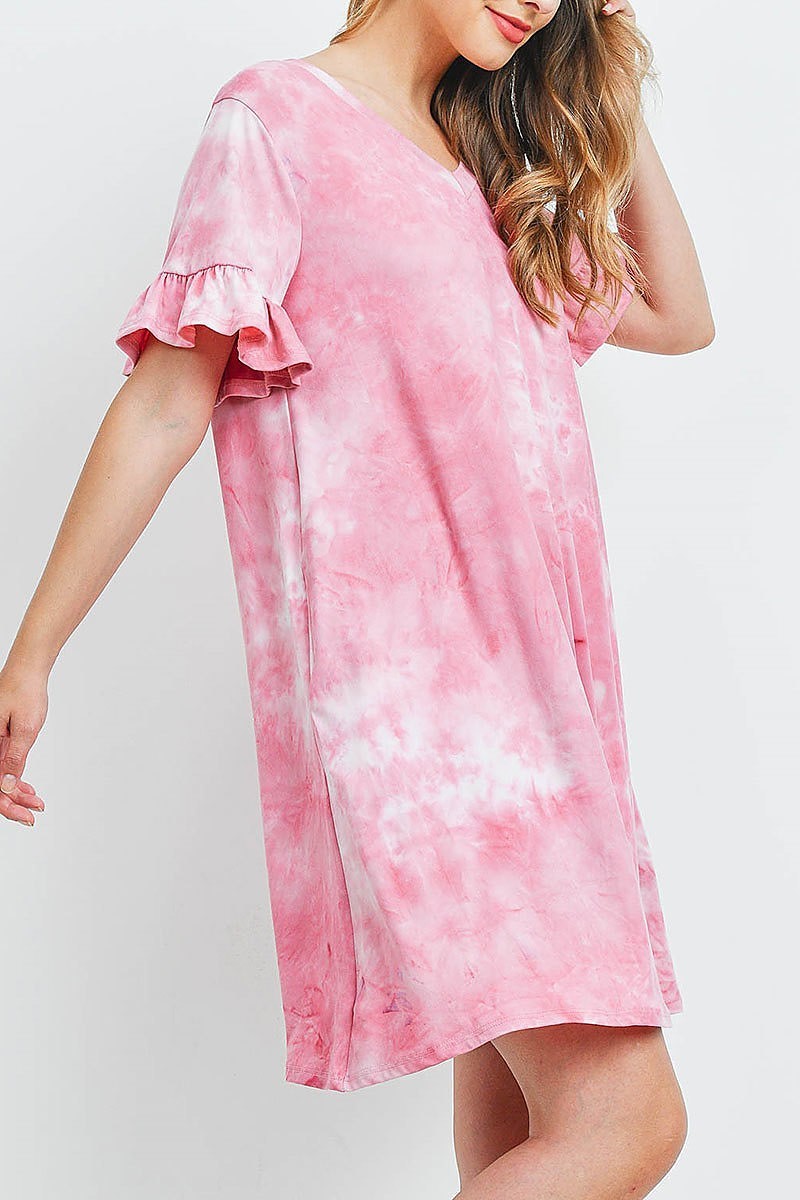 Tie dye ruffle sleeves v neck dress (DED6295)