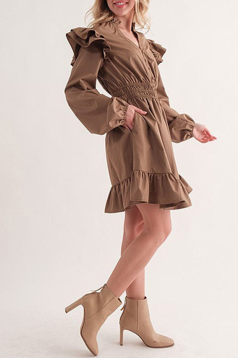 Long puff sleeve v-neck ruffle mini dress (EFWT5735)