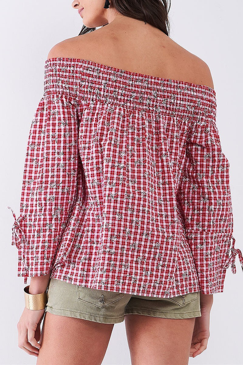 Off shoulder smoked detail floral plaid top (TDG8129)