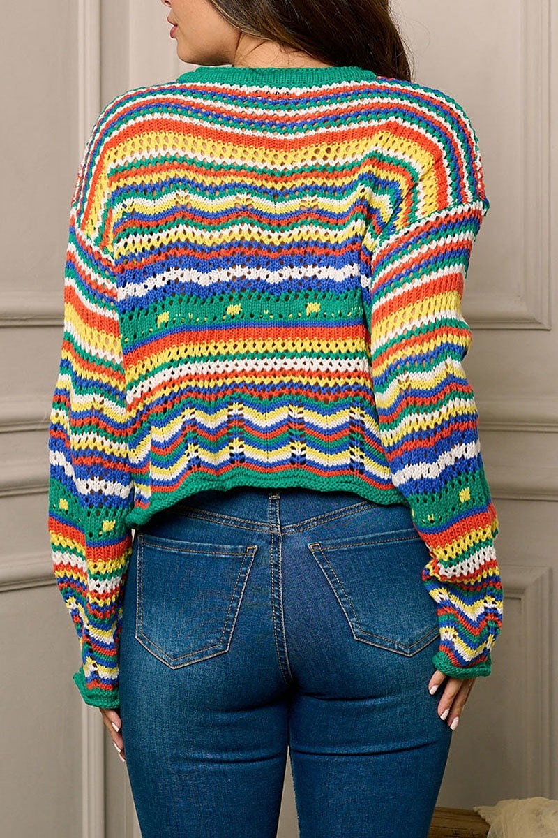 Long bell sleeve multi color stripes top (EFWT5954)