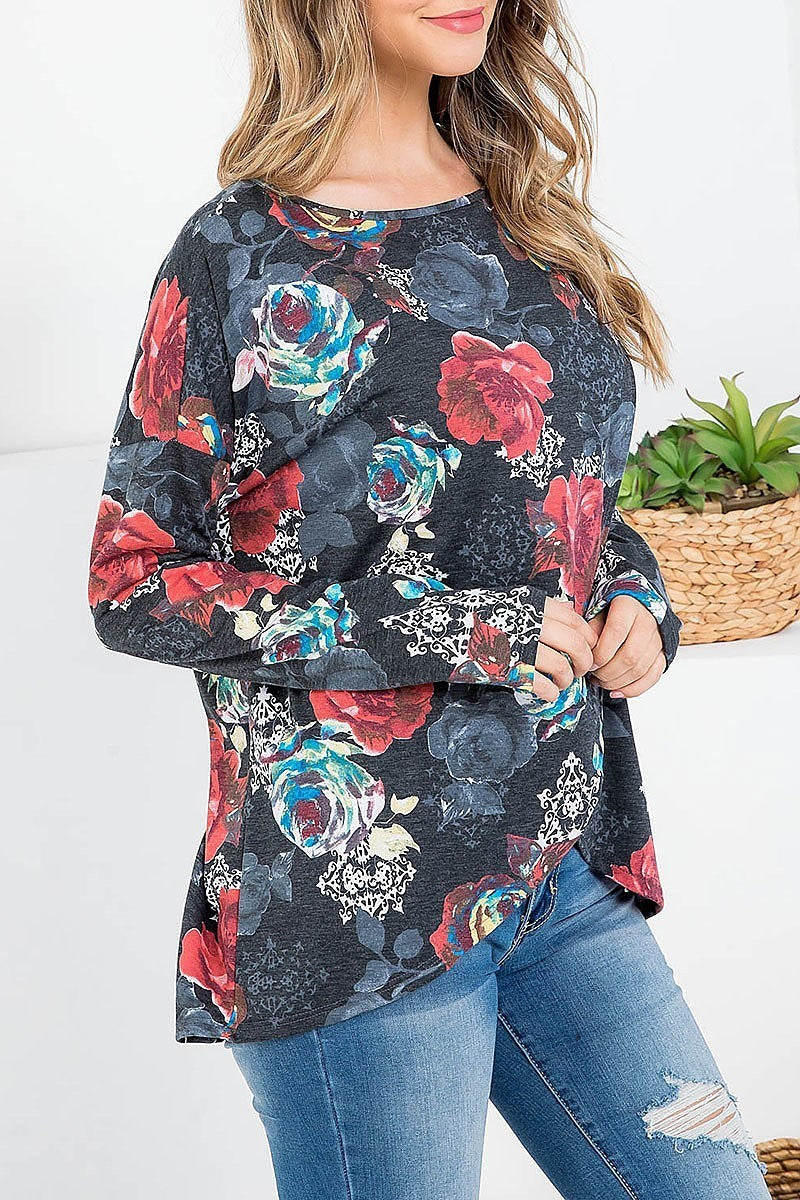 Floral print wrap front losoe fit tunic top (EF2441)