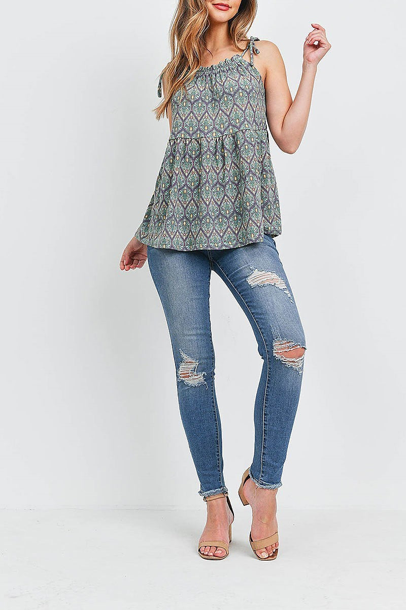 Paisley print tie shoulder baby doll top (EF1244)