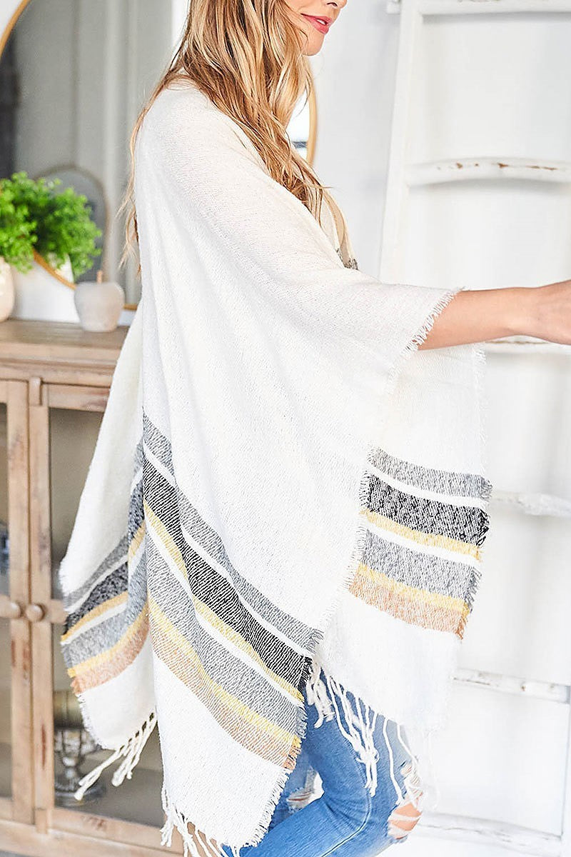 Stripe fringe detail kimono poncho (DGS5580)