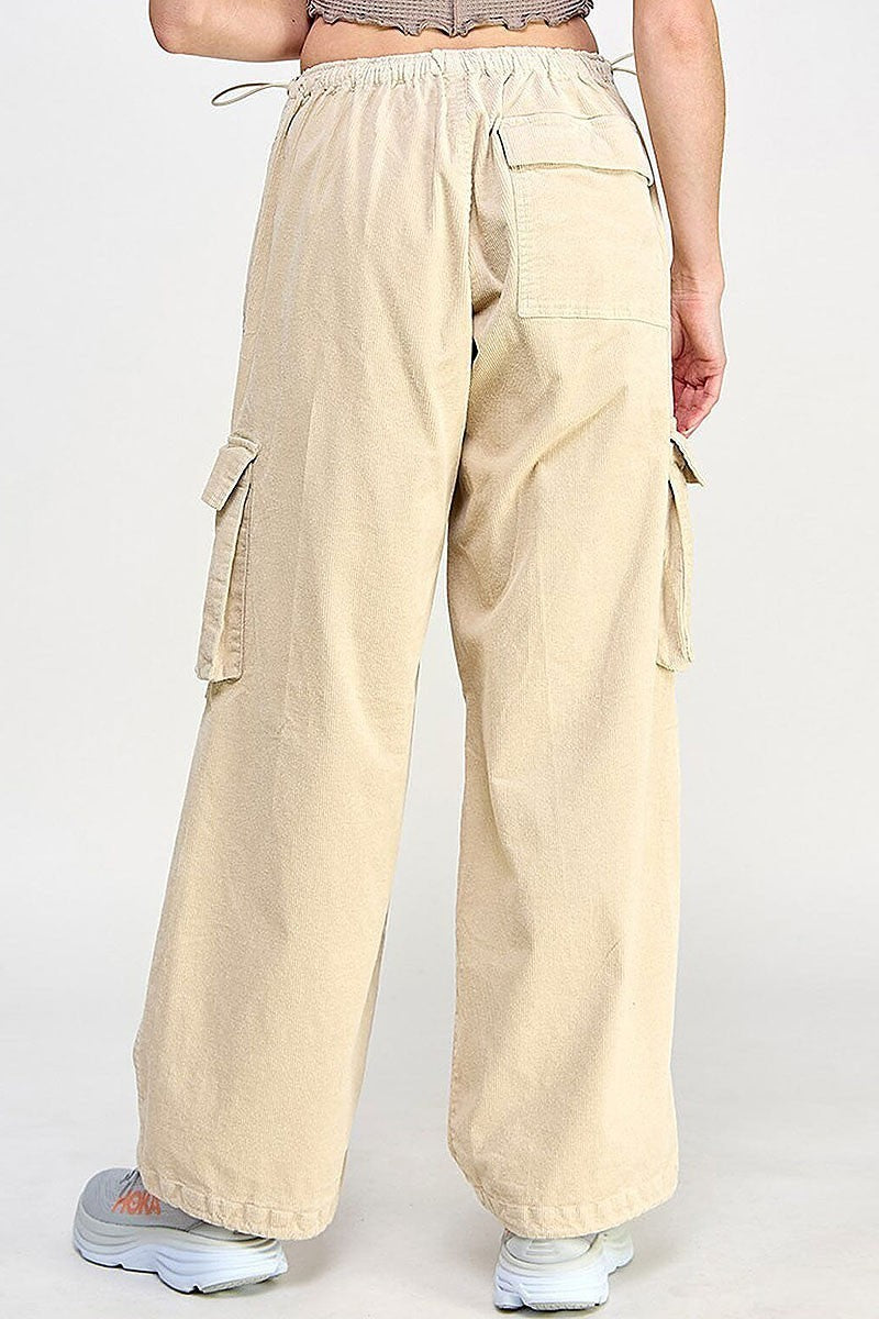 Zip up cargo pockets wide leg corduroy pants (EGWT2558)