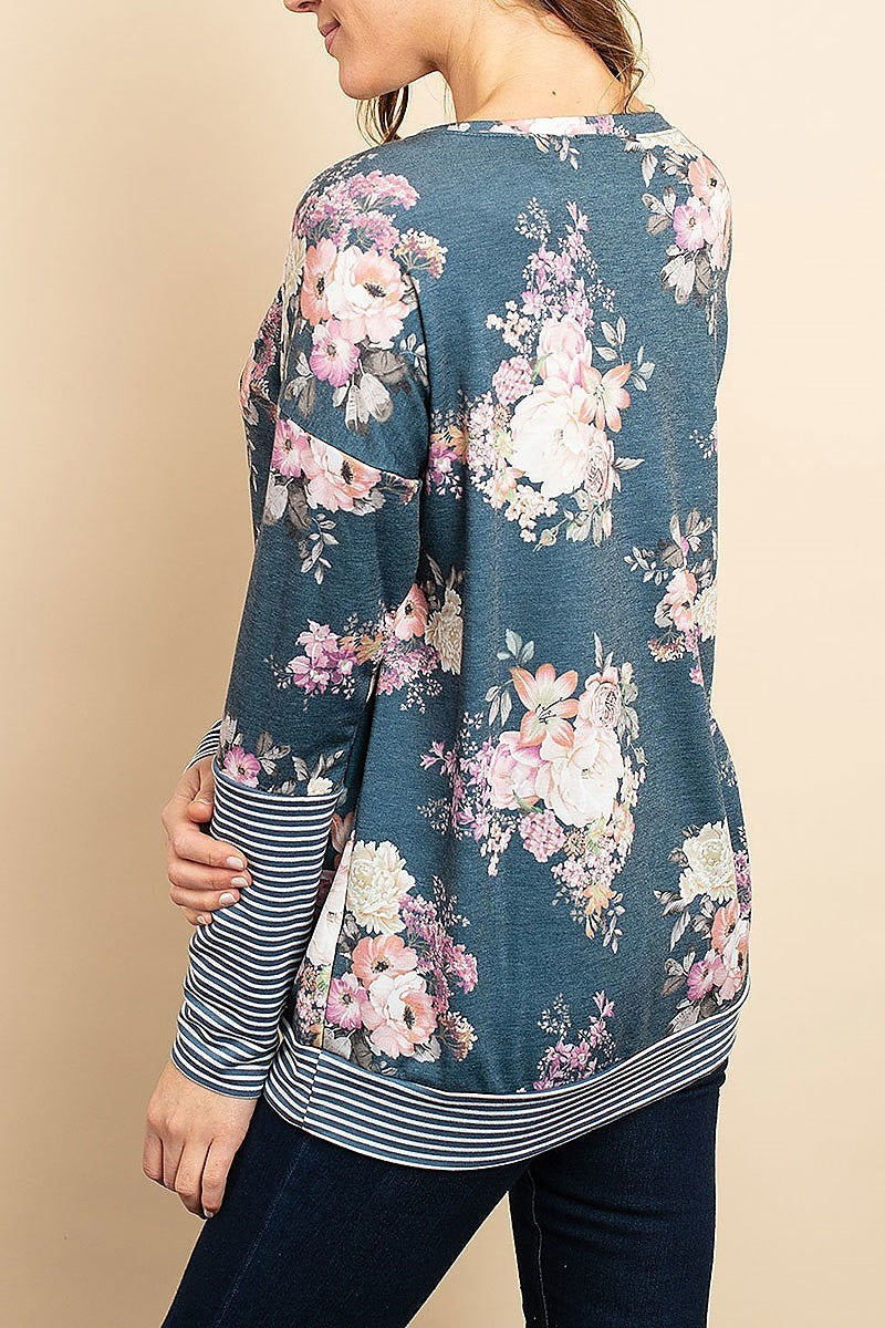 Stripe floral print color block top (ED8010-1)