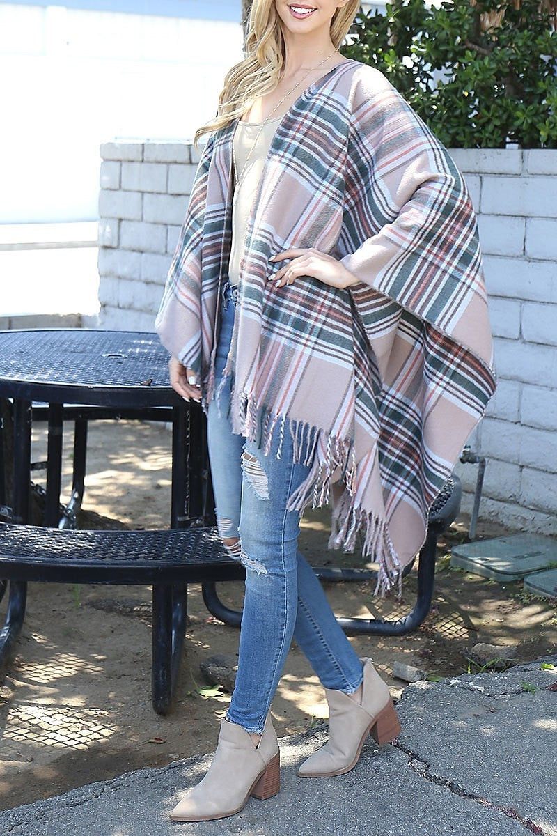 Plaid knit fringe open front kimono (DGS6071)