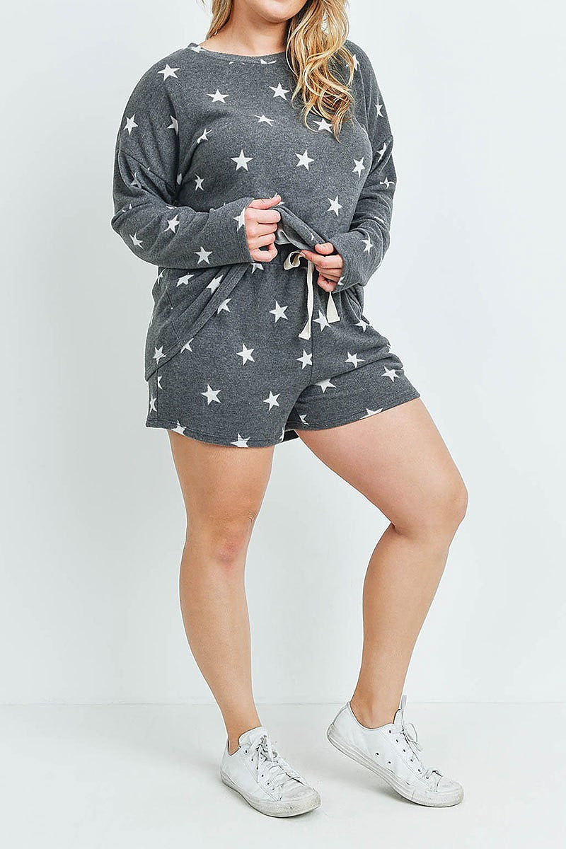 Long sleeves top and short plus size set star print with self tie (XDG7032)