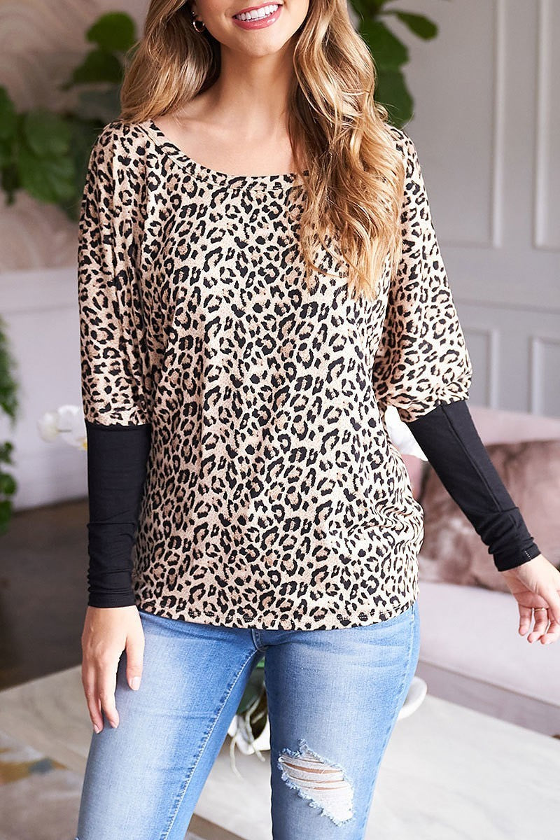 Leopard boat neck solid dolman sleeve top (EF2661)