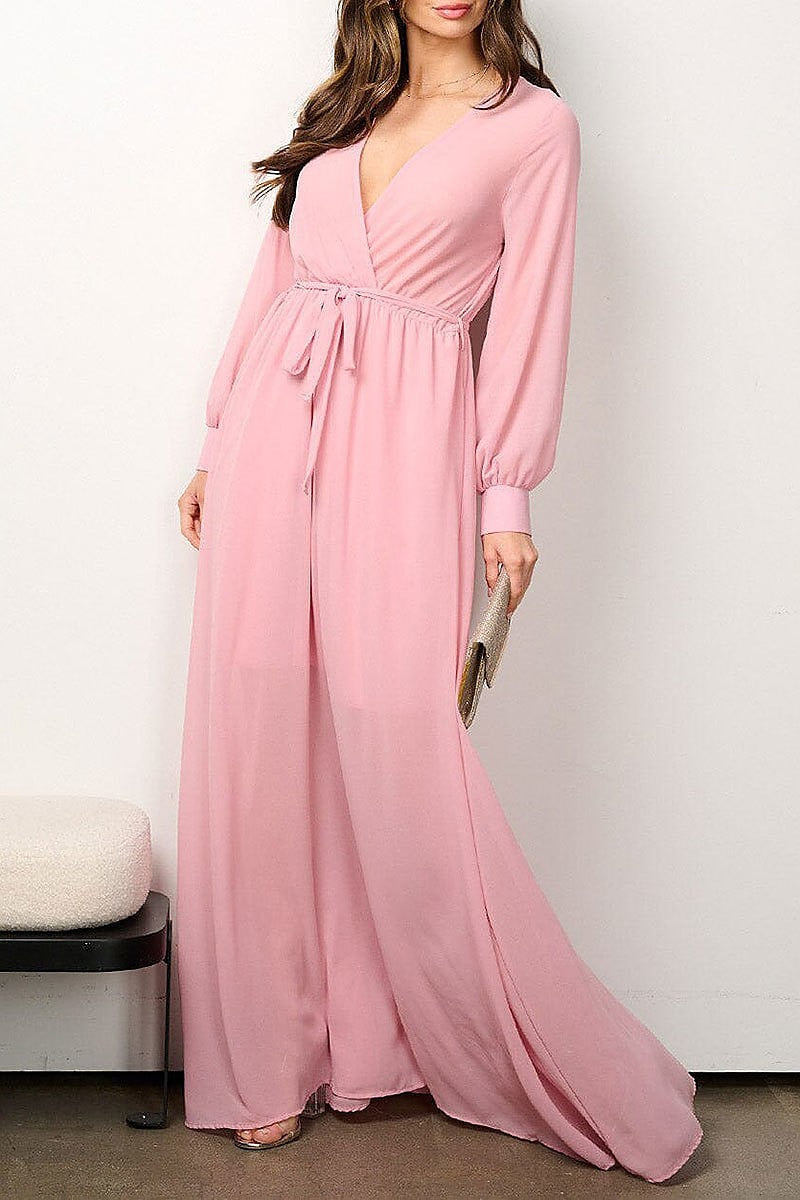 Long sleeve elastic waist surplice mesh maxi dress (EFWT6916)