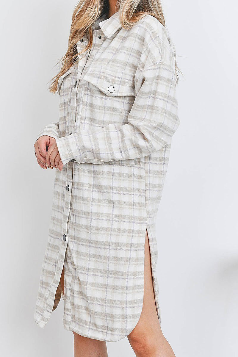 Button pocket plaid tunic midi dress (DED7048)