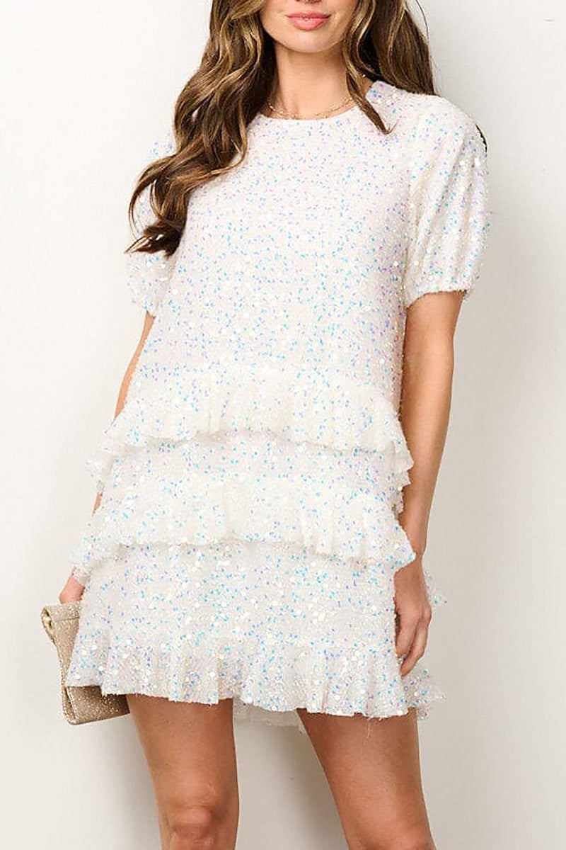 Short puff sleeve ruffle sequins mini dress (EFWT6875)