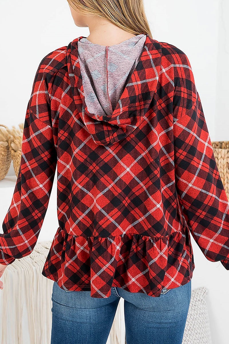 Plaid puff sleeve ruffle hem self tie hoodie (EF2474)