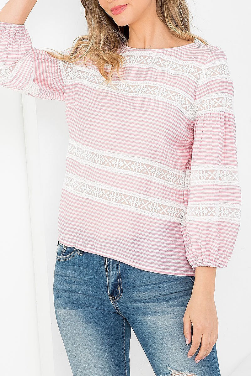 Stripes round neck stretch cuffed sleeve top (EF3550)