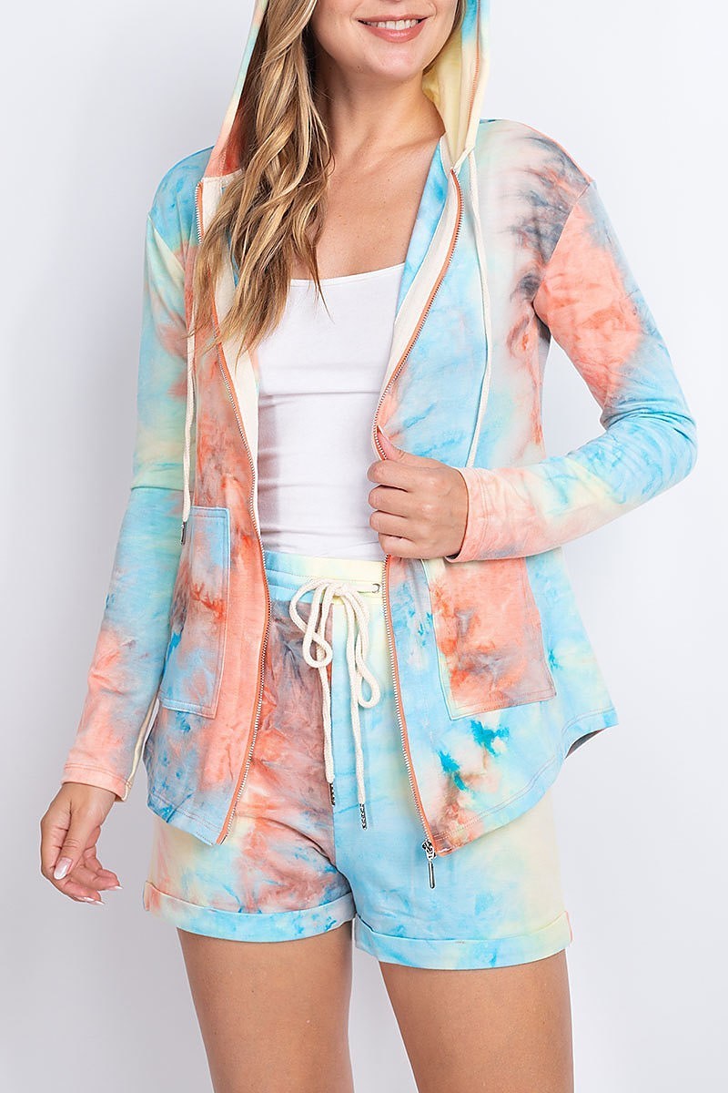 Pocket detail hoodie tie dye jacket and short set (EF1924)