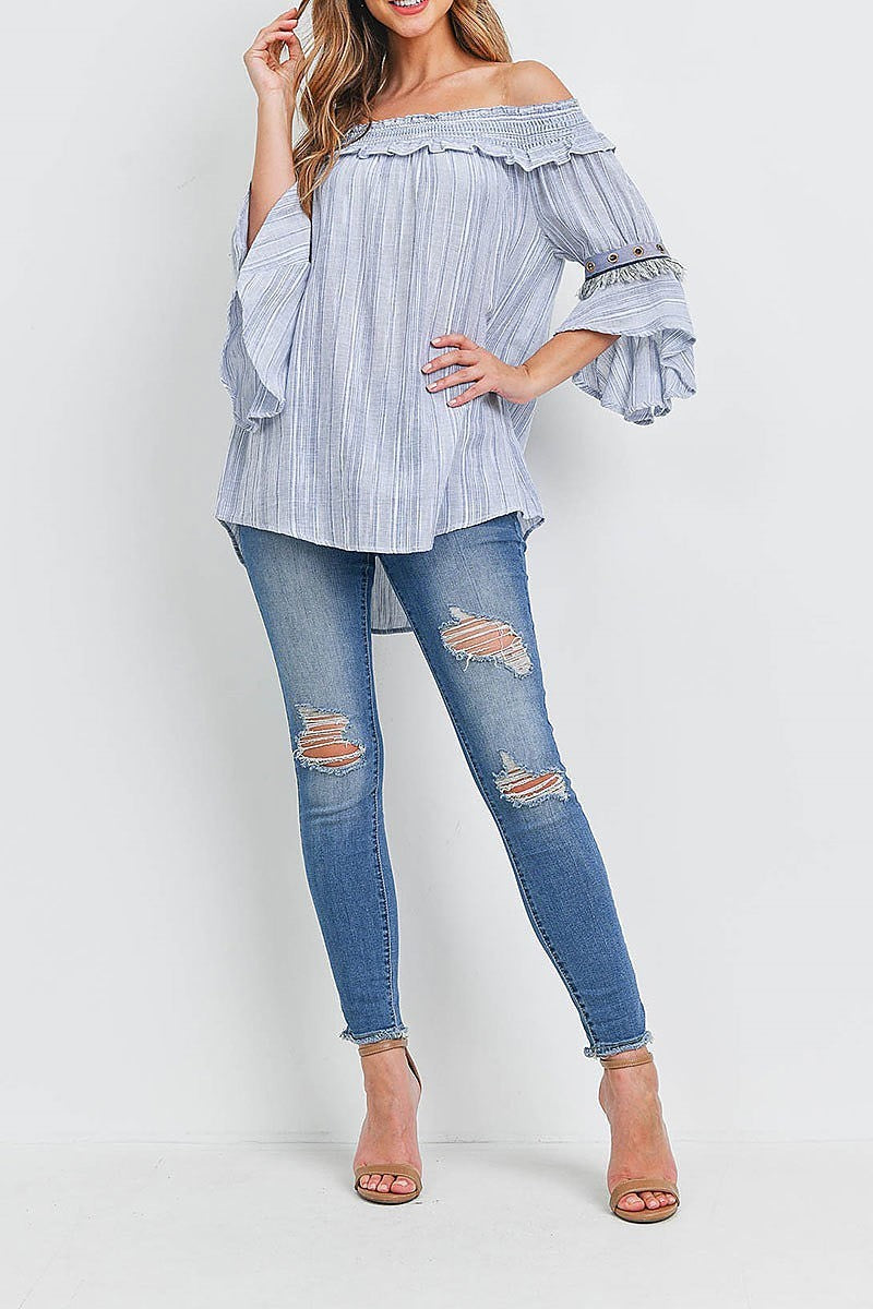 Off shoulder fringe detail bell sleeve stripe top (EF1214)