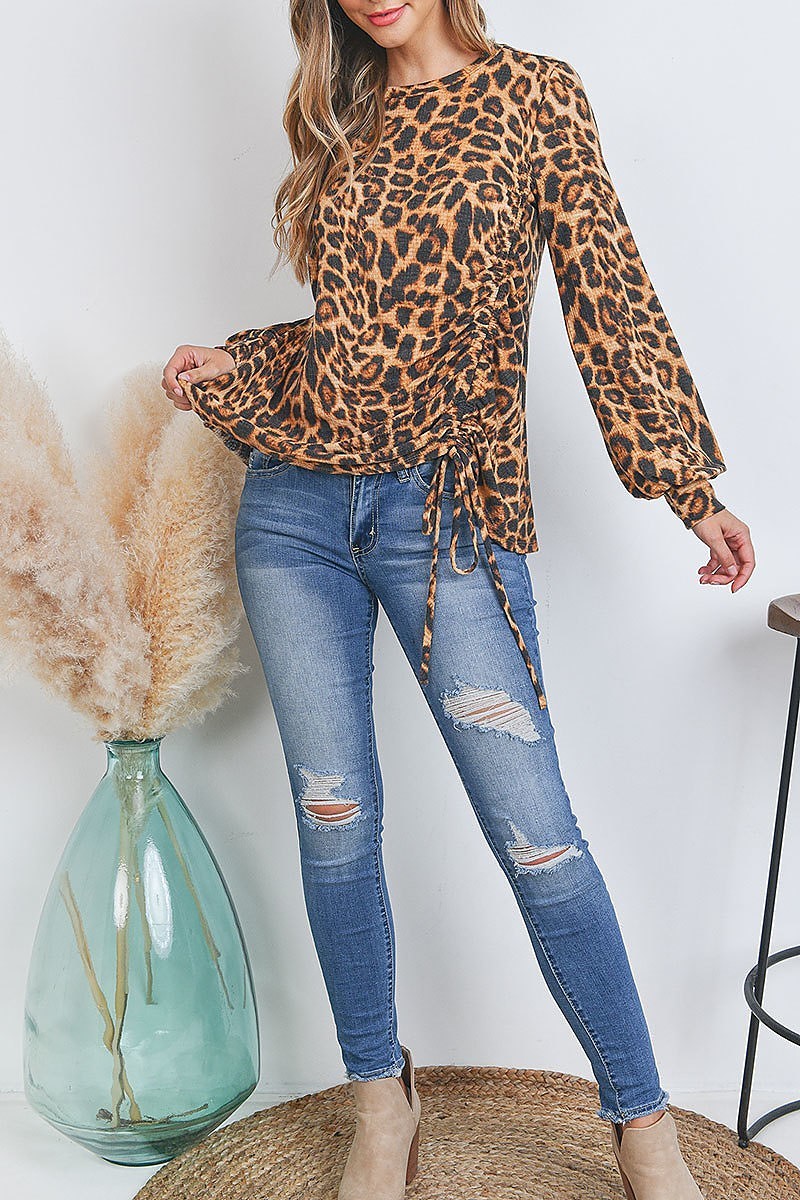 Leopard puff sleeve tie detail tunneled top (EF2694)