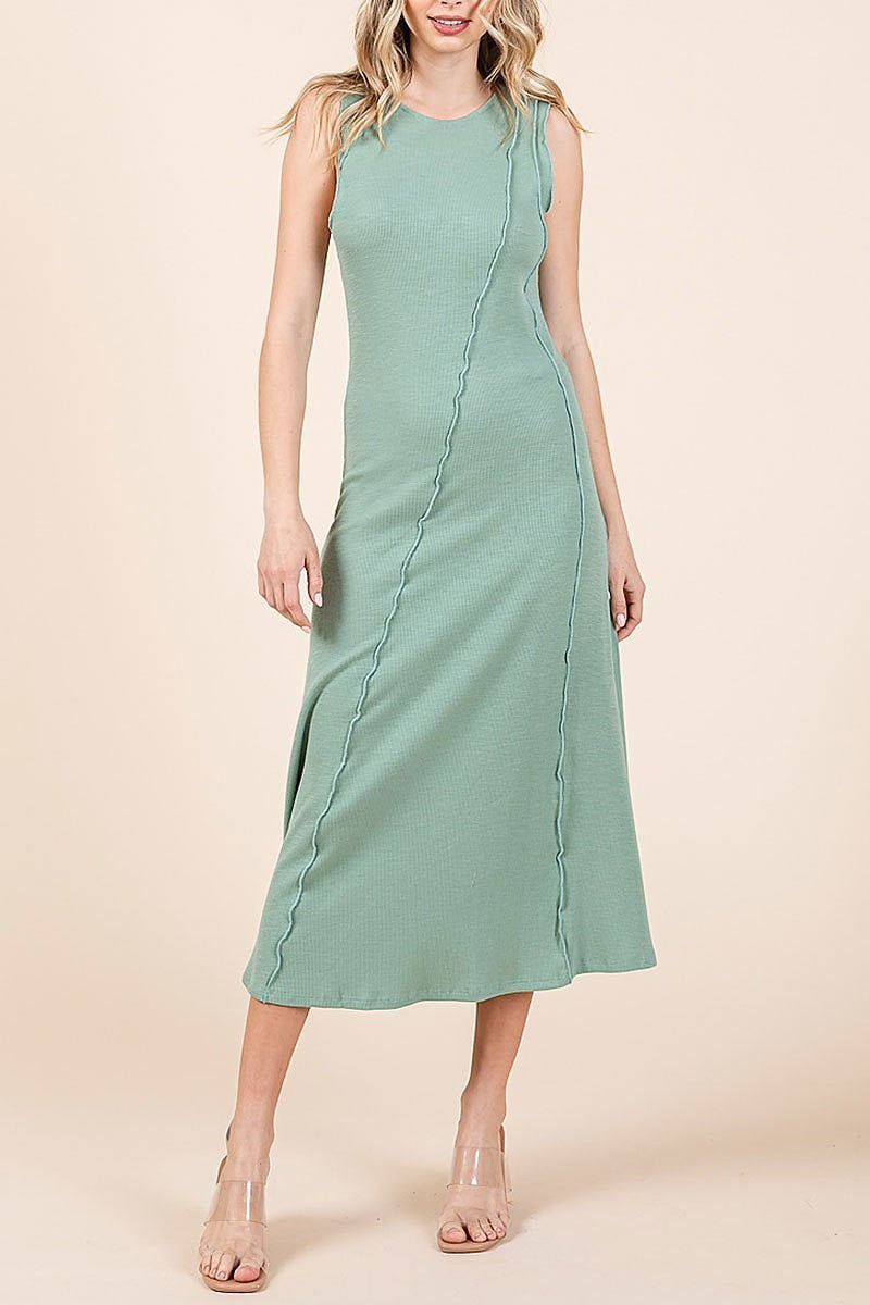 Solid sleeveless exposed seam rib knit midi dress (EDH2163)