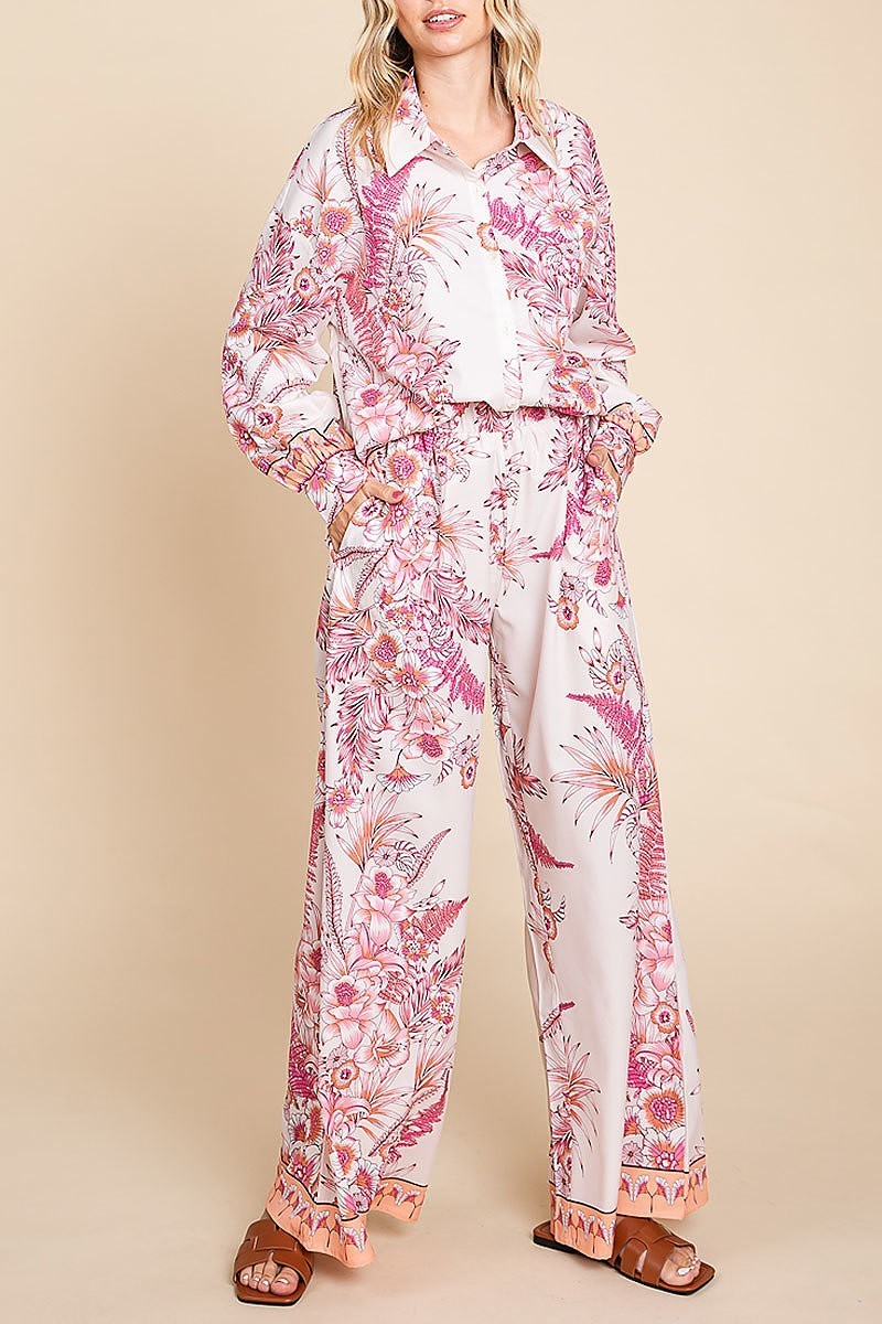 Floral button down shirt and wide leg pants set (EDH1541)