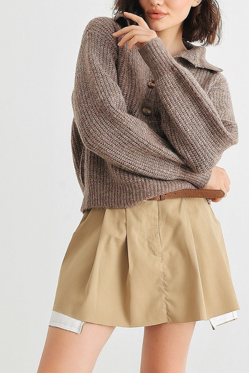 Wool knit button up neck crop sweater (TED2026)