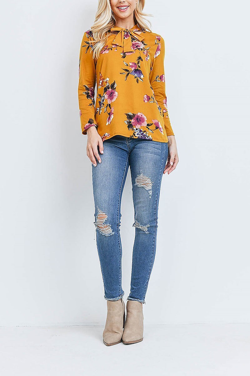 Tie neck detail floral print long sleeve top (EF2105)