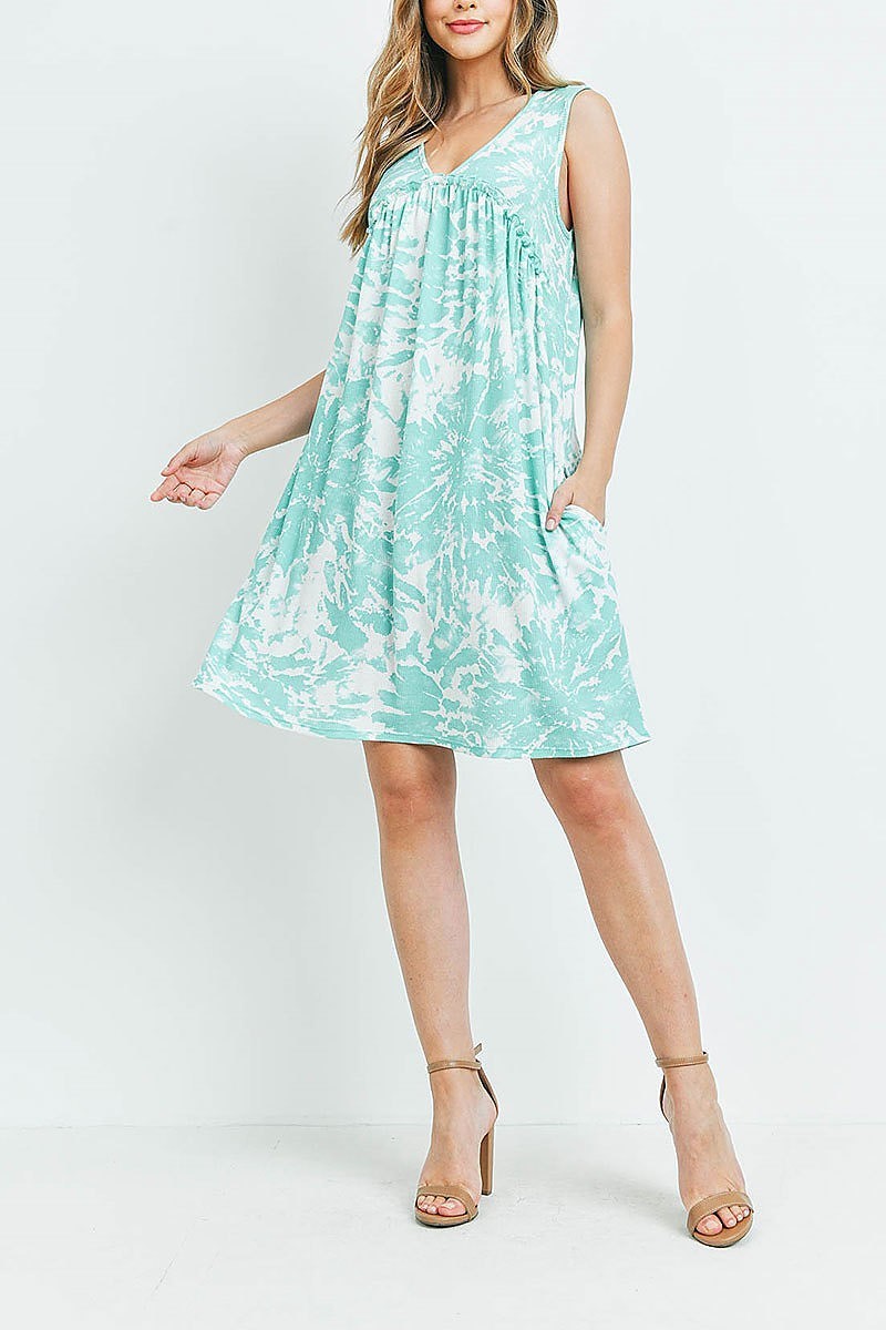 V neck ruffle detail rib tie dye pocket dress (DED6698)