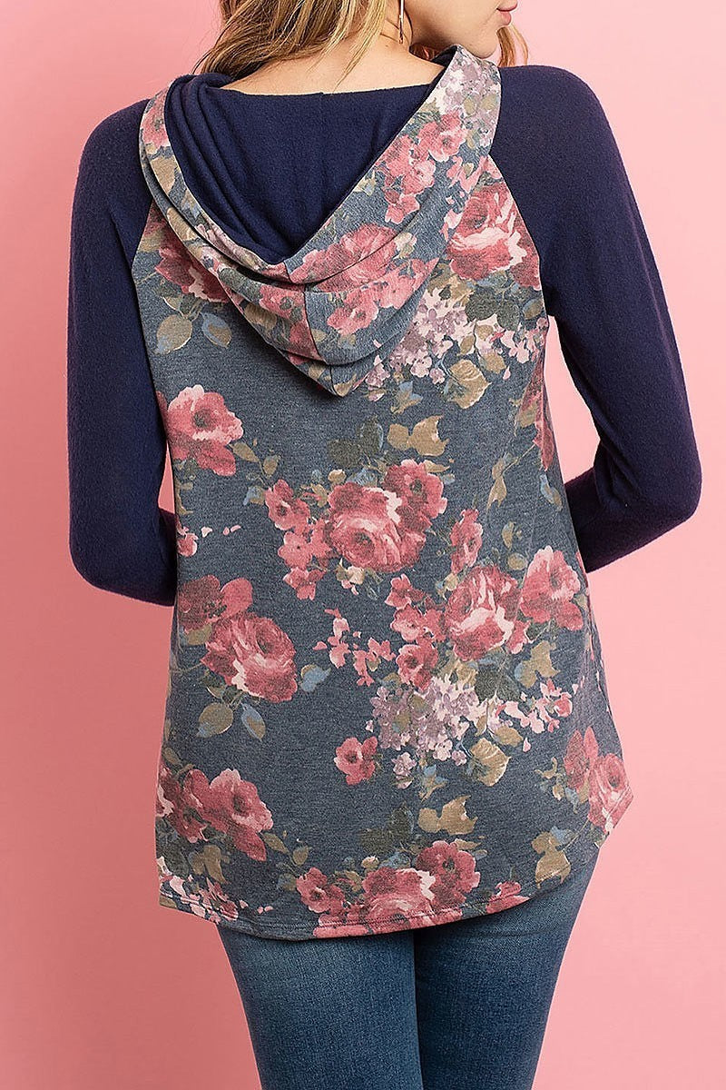 Floral hacci sleeved contrast hoodie with drawstrings (ED8158-59)