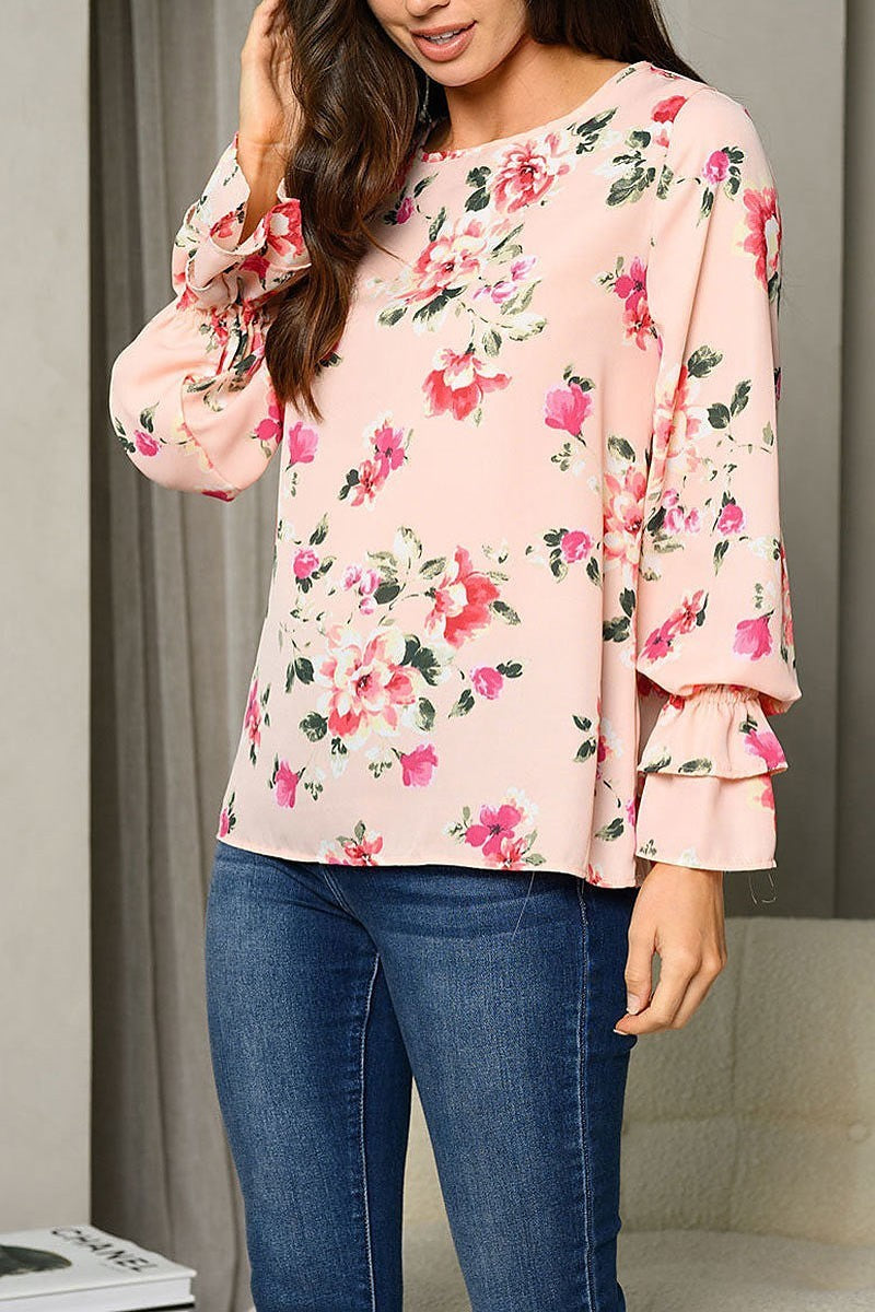 Long bell sleeve ruffle floral tunic top (EDWT6881)