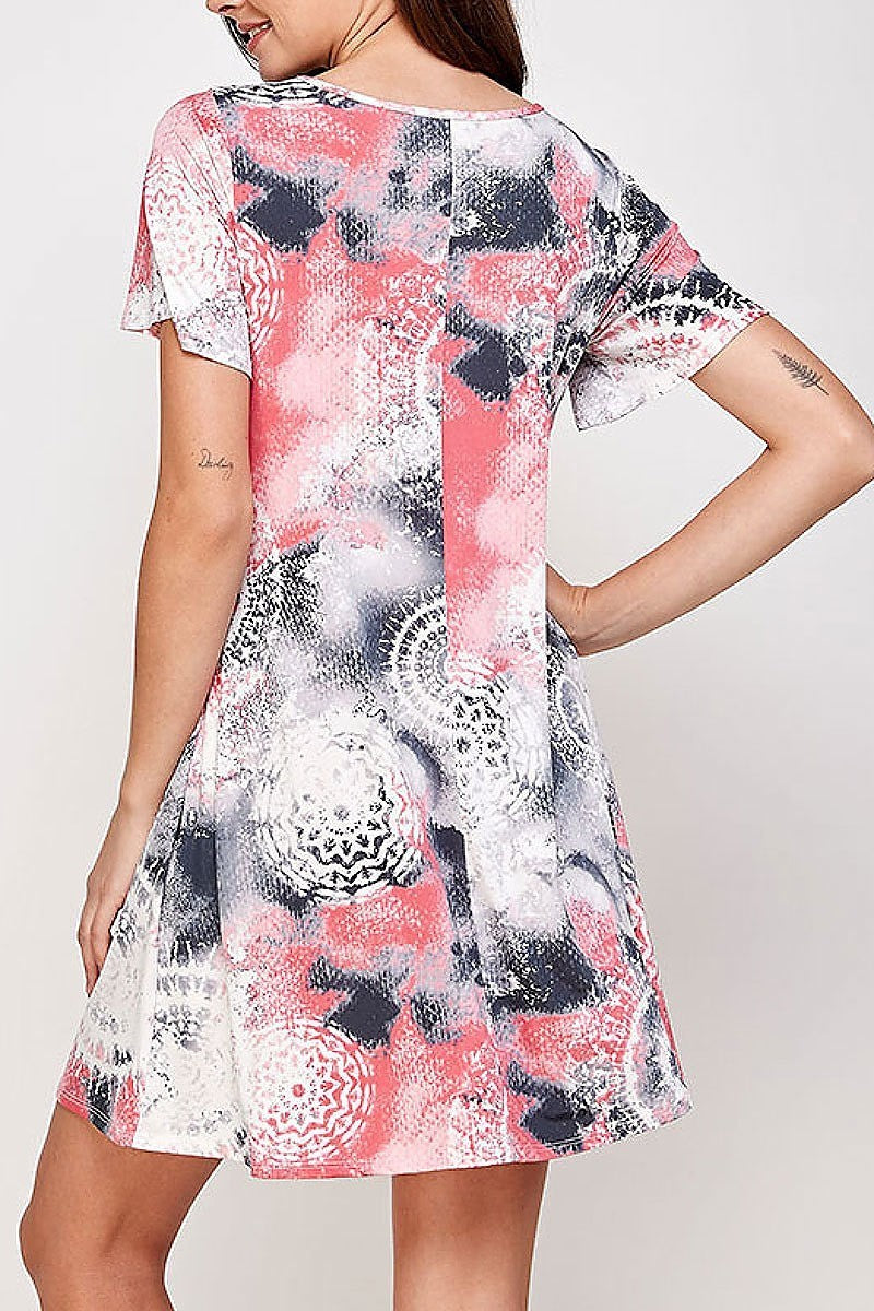 Cutout front tie dye medallion print pocket dress (XDG7233)