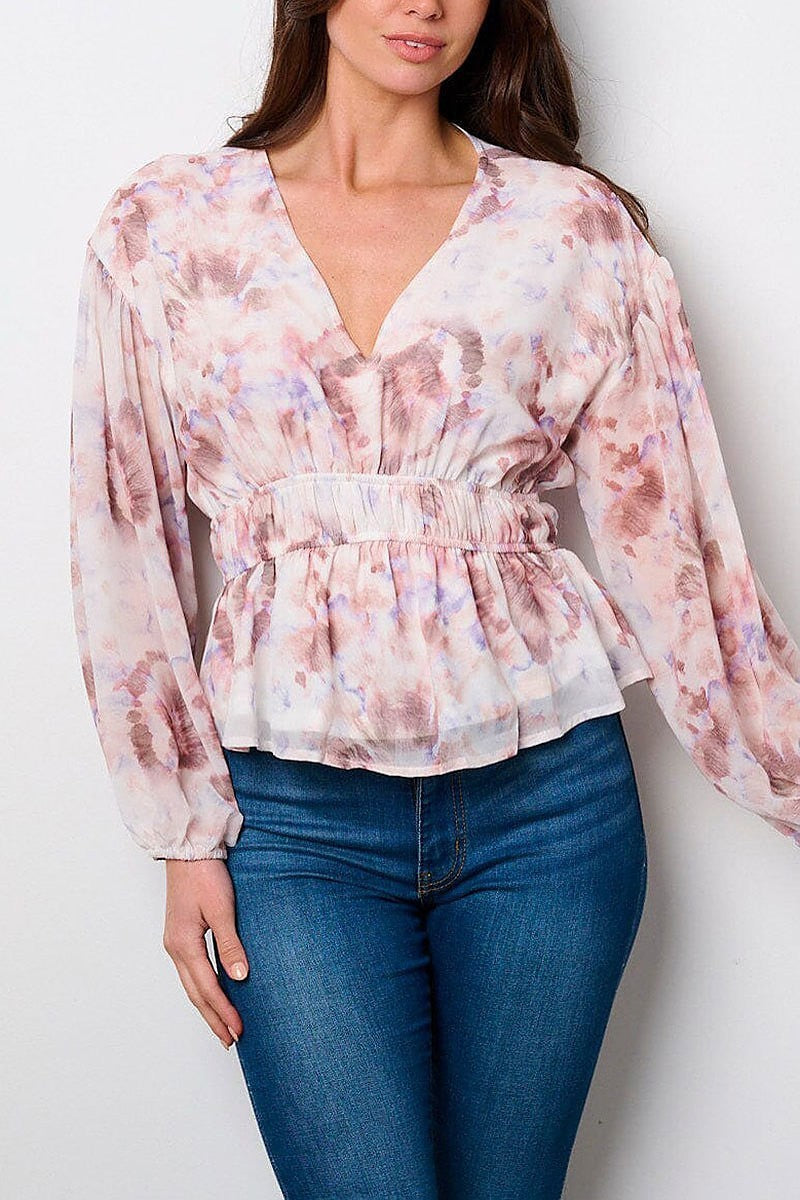 Long sleeve v-neck peplum tie dye blouse top (EFWT9124)