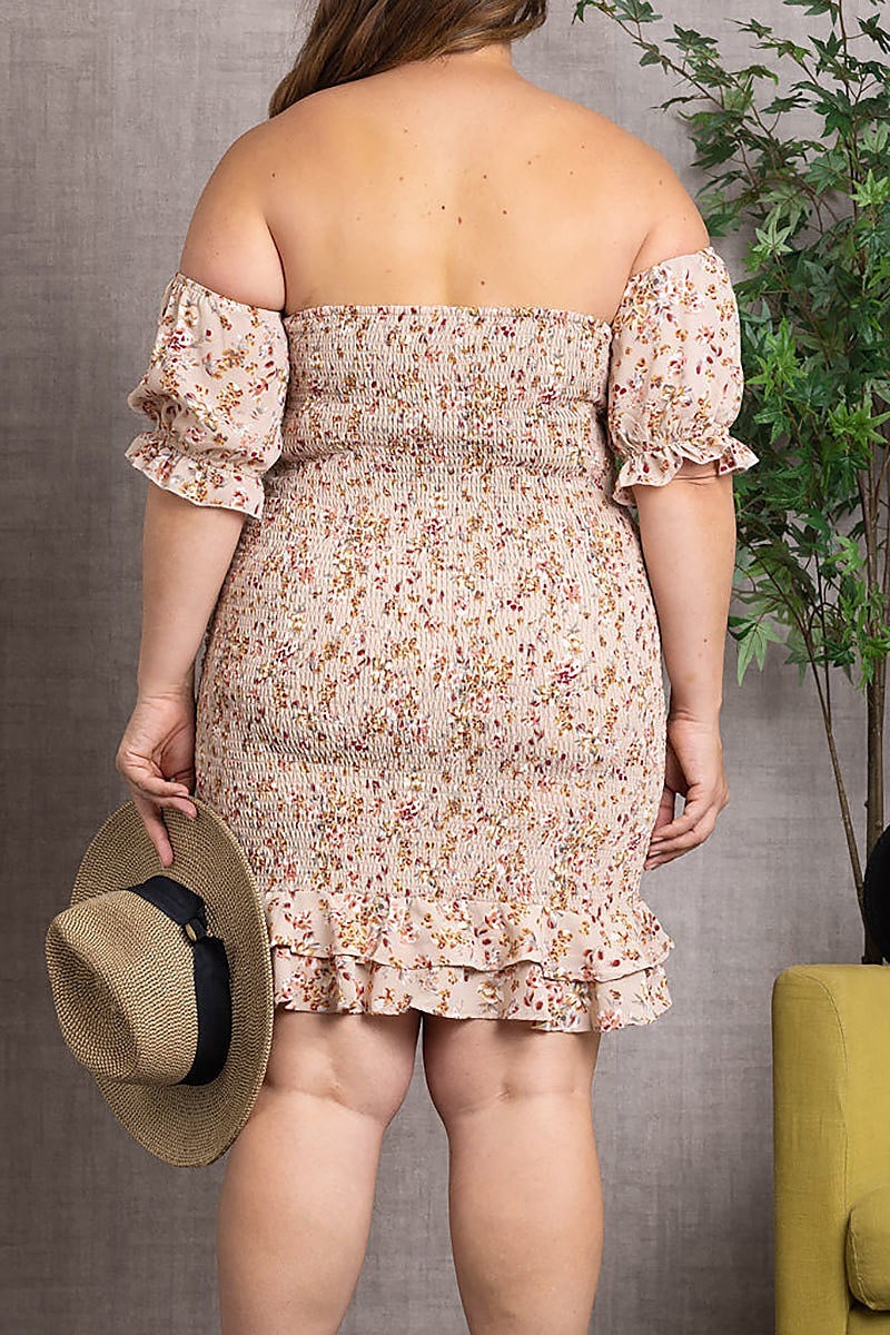 Smocked floral print off shoulder plus size mini dress (EDSW3056)