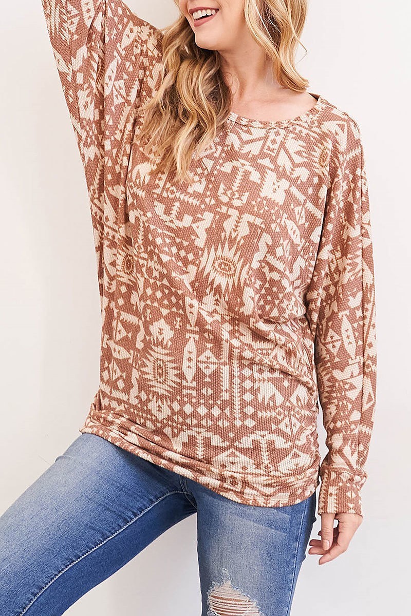 Scoop neck aztec print long sleeve top (EF2775)