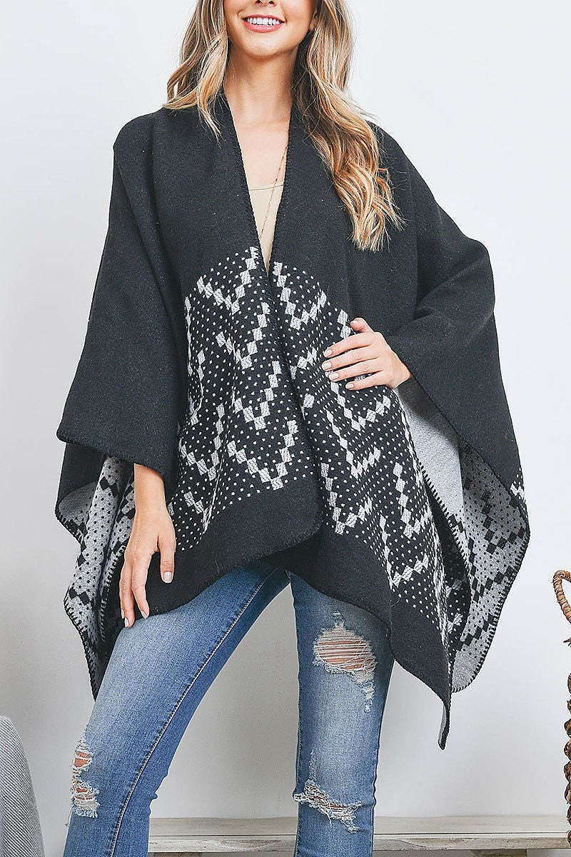 Open front square pattern ruana wrap kimono (DGS5502)