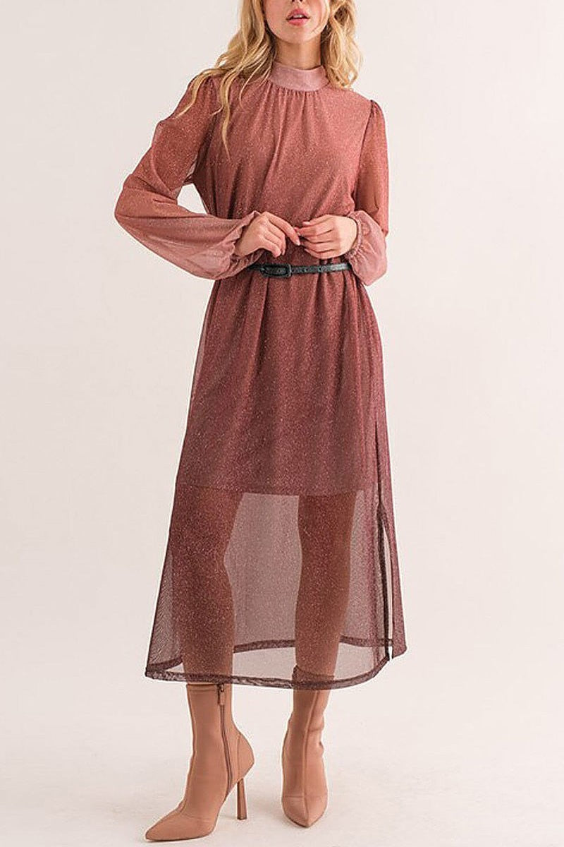 Long sleeve mock neck belted shimmer maxi dress (EFWT8743)