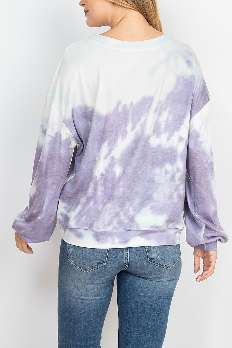 V neck tie dye bubble sleeve top (EF1978)