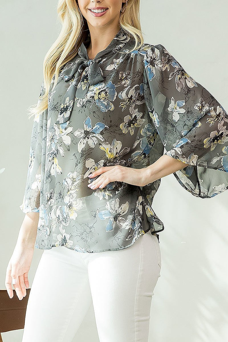 Floral print tie neck loose fit top (EF3935)