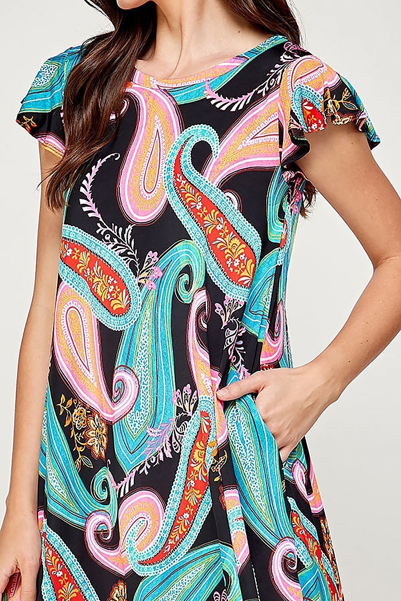 Ruffle detail pocket multi paisley print dress (DED6408)