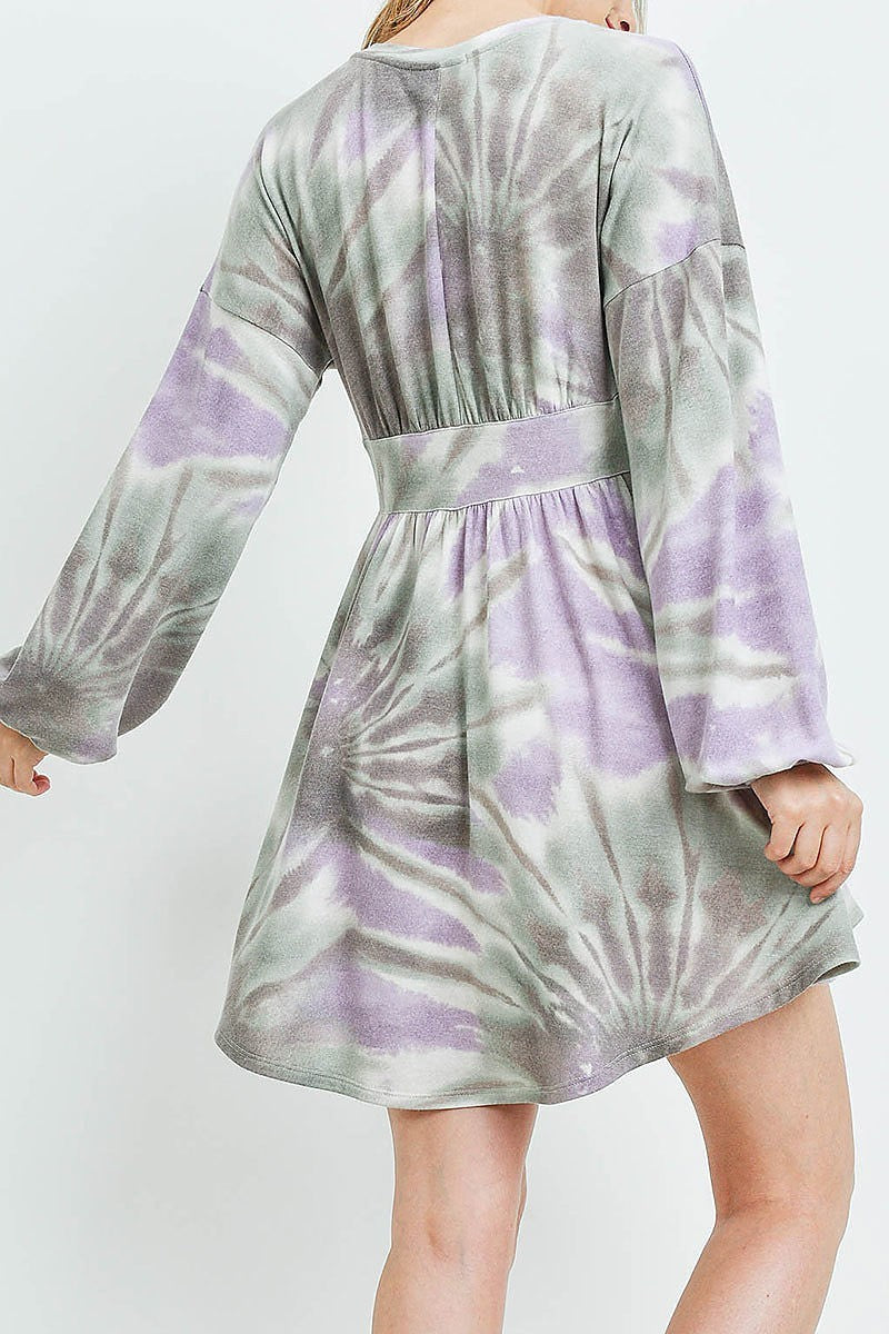 Wide waist tie band bubble sleeve tie dye dress (DED6192)