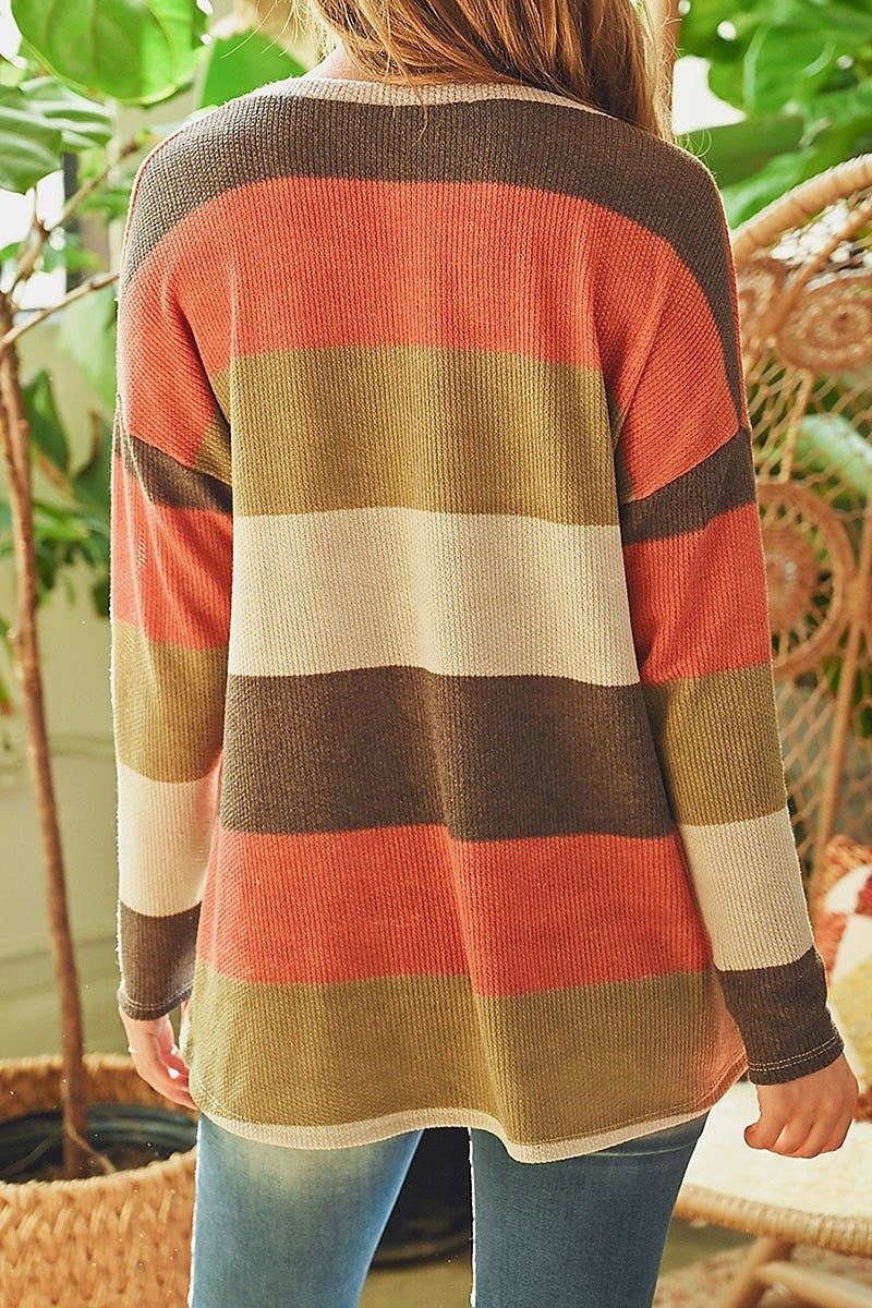 Multi color stripe v neck front knot top (ED8161)