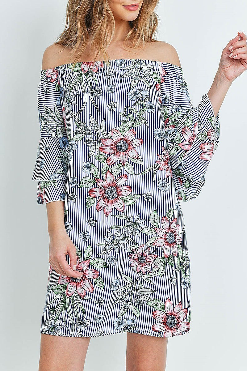 Off shoulder floral stripe bell sleeve dress (DED5820-LAST)