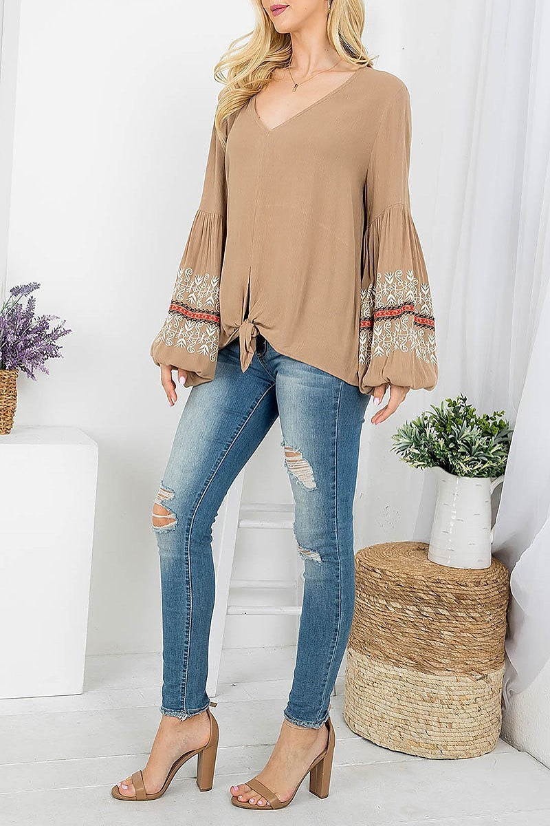 Embroidered detail bubble sleeve v neck top (EF4146)