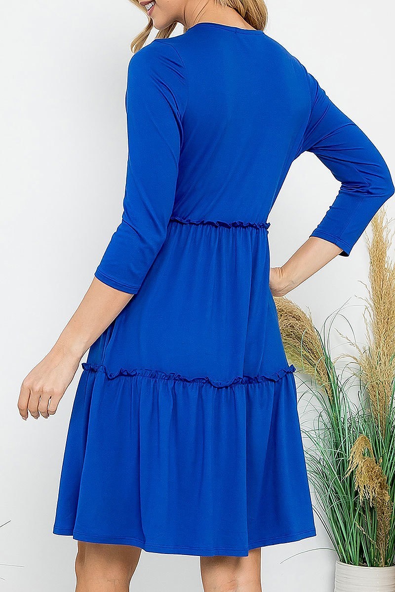 Solid 3/4 sleeve merrow detail flare dress (DED8854)