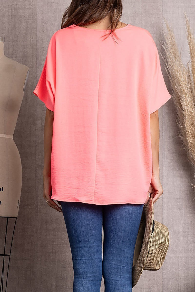 Solid v-neck short sleeve loose fit tunic top (EDSW3415)