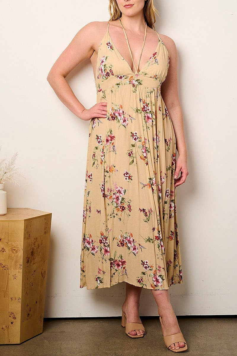 Sleeveless v-neck open back floral maxi dress (EFWT9033)