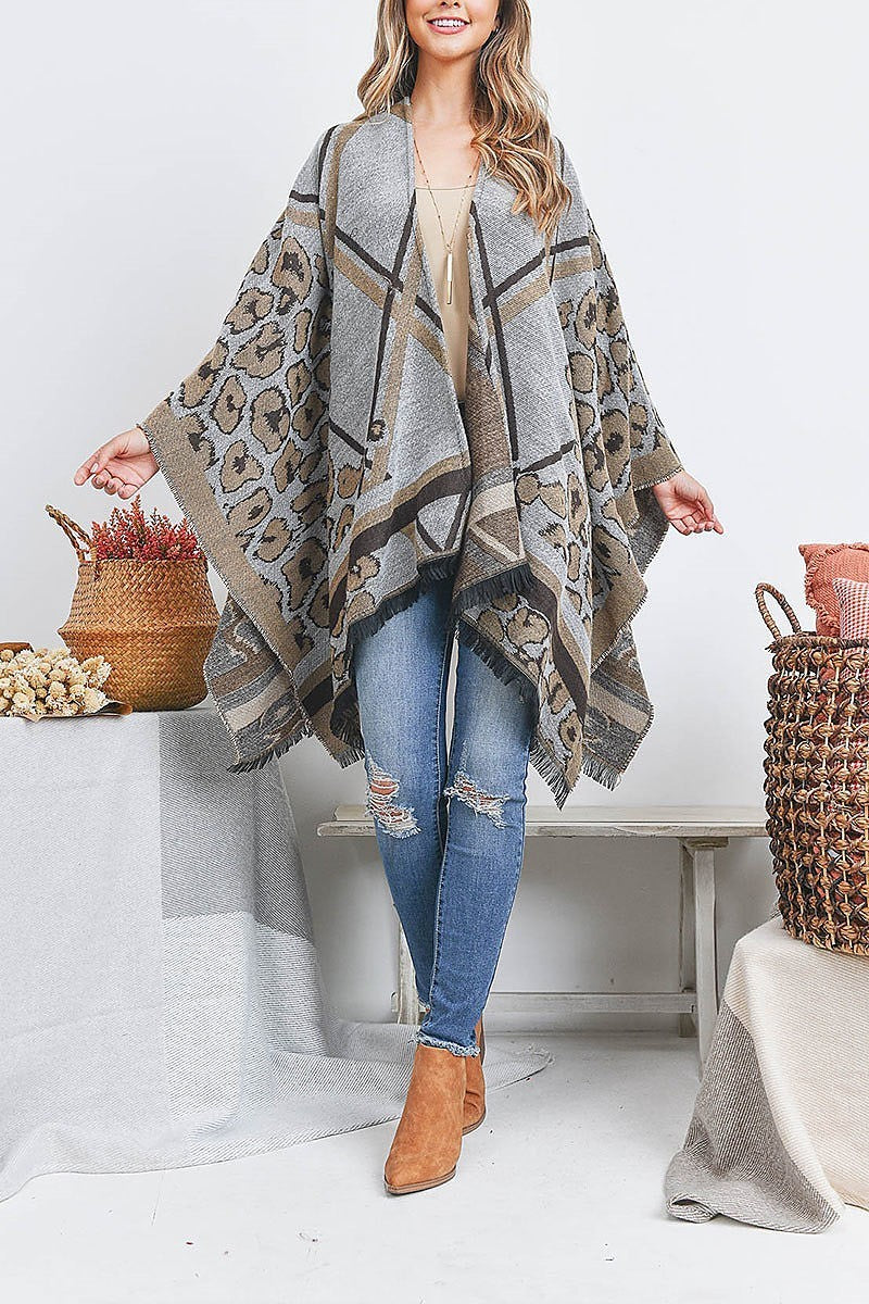 Open front leopard line pattern fringe ruana wrap kimono (DGS5518)