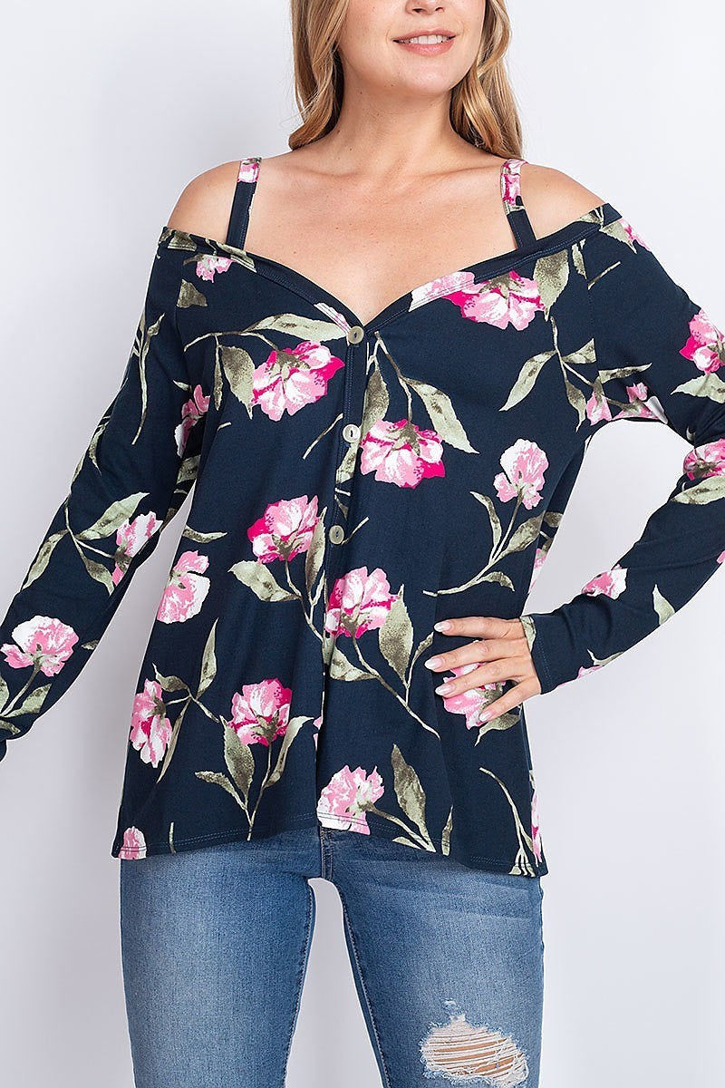 Off shoulder floral print button front top (EF1911)